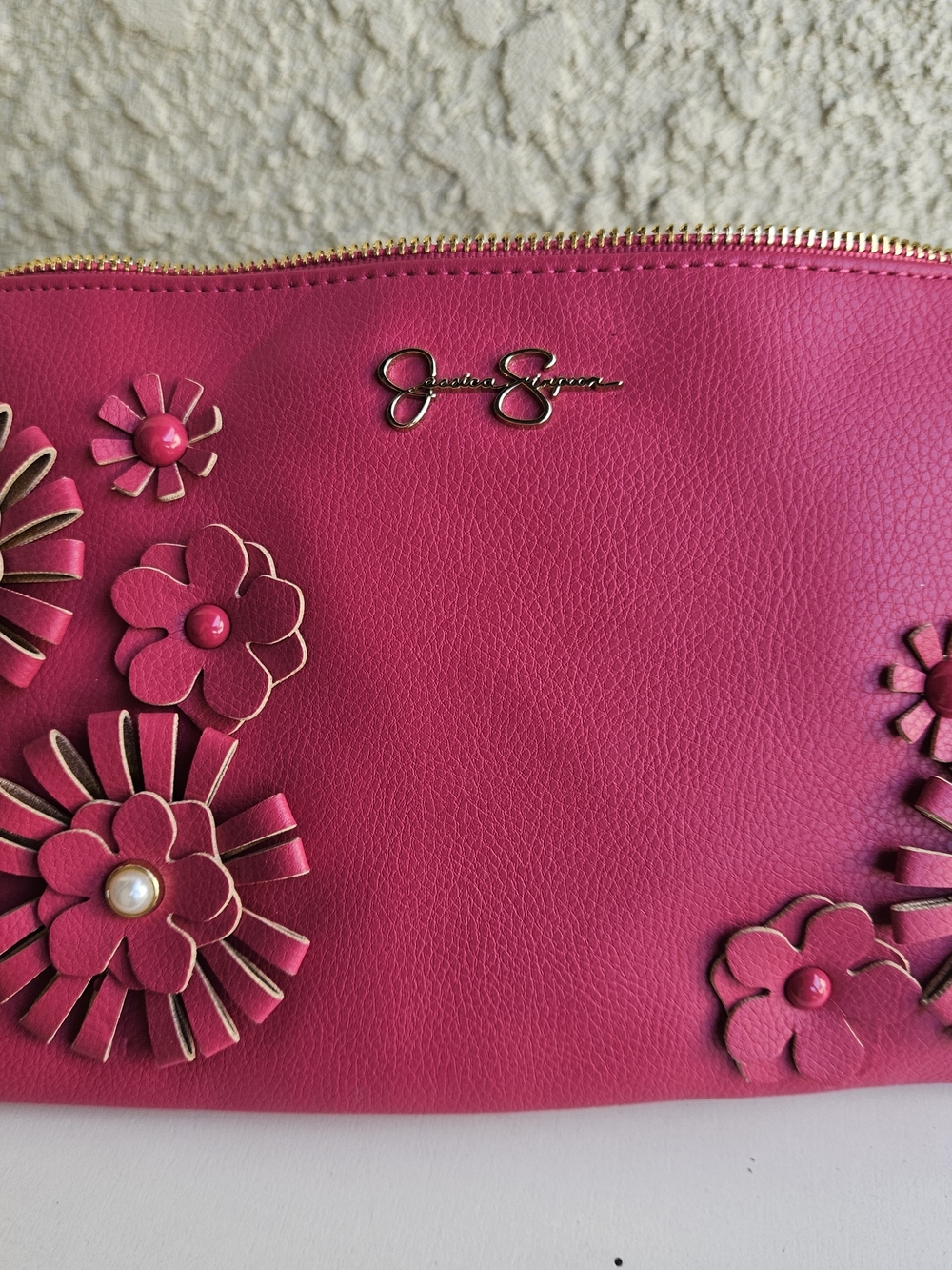 Jessica Simpson Hot Pink Floral Applique Wristlet